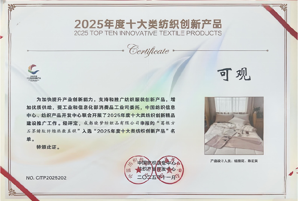 热烈庆祝成都晓梦纺织品有限公司生产的“葛根方石墨烯肽纤维热敷盖毯”，被中国纺织工业联合会授予2025年度十大类纺织创新产品荣誉称号！